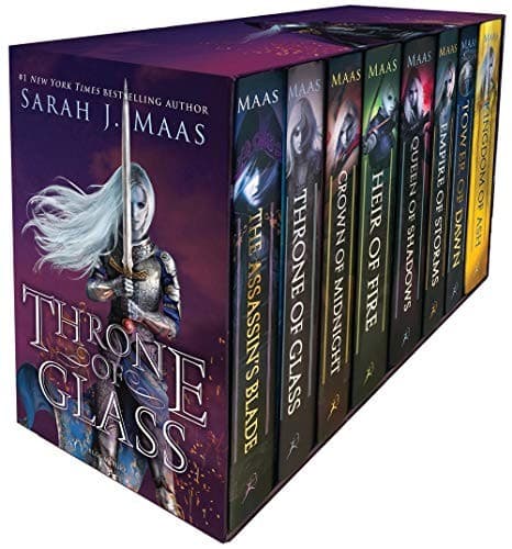 Portada de The Assassin's Blade / Throne of Glass / Crown of Midnight / Heir of Fire / Queen of Shadows / Empire of Storms / Tower of Dawn / Kingdom of Ash